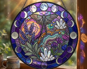 Luna Moth Moon Phase Stained Glass Suncatcher, Witchy Celestial Decor, Crystal Lover Gift