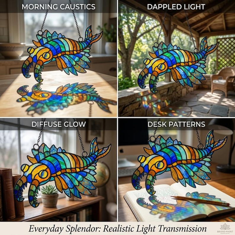 May include: A stained glass sea creature in vibrant colours, suspended by a chain. The design incorporates blue, green, yellow, and orange. The text "Everyday Splendor: Realistic Light Transmission" is at the bottom of the image.