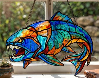 Dunkleosteus Devonian Sea Monster Irregular Stained Glass Suncatcher, Prehistoric Gift