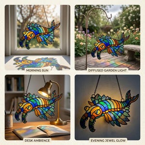 May include: A colourful stained glass sea creature ornament, suspended by a chain. The design features a segmented body, large eyes, and antennae. The image shows the ornament in different lighting, including diffused garden light and evening jewel glow.