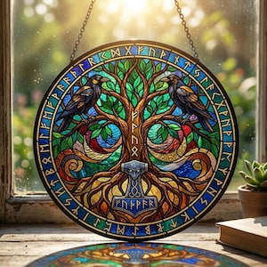 Yggdrasil Livets träd solfångare i målat glas, vikinga-nordisk dekor, hednisk gåva