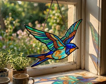 Flying Swallow Stained Glass Suncatcher, Vintage Colorful Decor, Bird Lover Gift