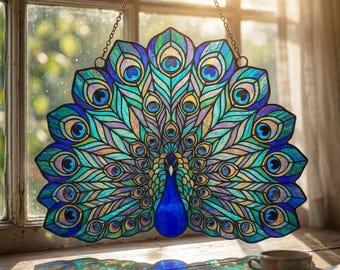 Atrapasueños de vidrieras con forma de pavo real, decoración de aves iridiscentes, regalo para amantes de las aves