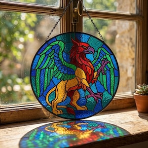 Peut inclure: Vitrail rond représentant un griffon aux couleurs vives. La tête est rouge, le corps jaune, et les ailes bleues et vertes. Le vitrail est suspendu devant une fenêtre en bois, créant un jeu de lumière.