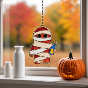 Halloween gebrandschilderd glas cartoon mummieornament – 4 stijlen beschikbaar, gotisch halloween-huisdecor, halloweencadeau, griezelseizoen, horror griezelig