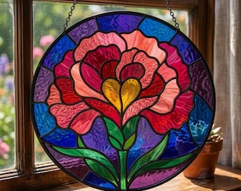 Acchiappasole in vetro colorato con vivaci garofani, decorazione floreale per la casa, regalo per gli amanti dei fiori
