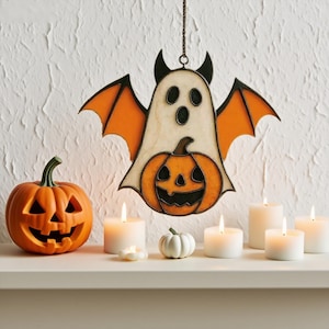 Halloween gebrandschilderd glas spook met vleermuisvleugels–pompoen zonnevanger Halloween, decor buiten spook gebrandschilderd glas zonnevanger vleermuisvleugels oranje