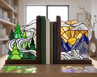 Juego de sujetalibros de vidrieras con paisaje de lago de montaña, decoración de escritorio de madera de nogal con pino natural