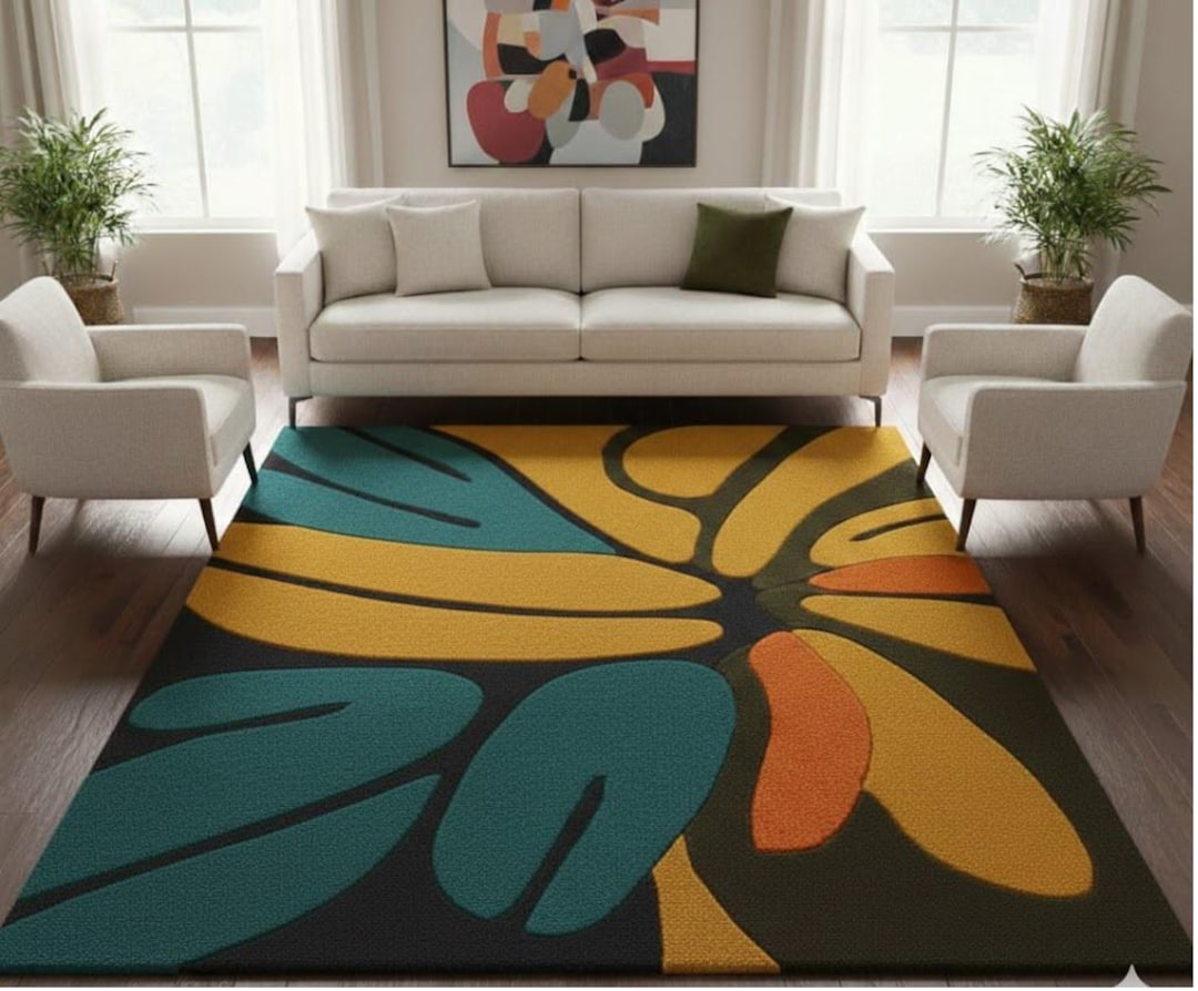 Modern Abstract Hand Tufted Wool Rug Mustard Yellow Teal Floral Area ...