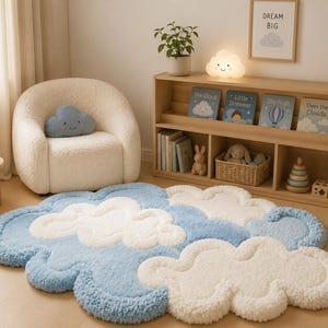 Cloud Nursery Hand Tufted Wool Rug, Dreamy Sky Theme Decor, Plush Organic Shape Carpet for Baby Room Interior