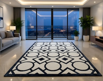 Hand-Tufted Wool Viscose Rug | Ivory, Deep Navy Geometric Pattern