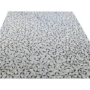Star Hair on Hide Leather Rug | Handwoven Patchwork Area Rug | Brown Grey White Navy Leather Carpet | Luxury Floor Rug