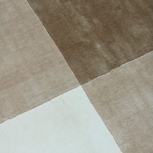 Pu&ograve; includere: Primo piano di un tappeto con un motivo geometrico. Il tappeto &egrave; diviso in quattro sezioni, ciascuna con una diversa tonalit&agrave; di colore neutro. I colori includono bianco, beige, marrone chiaro e marrone scuro. Il tappeto ha una consistenza morbida e soffice.