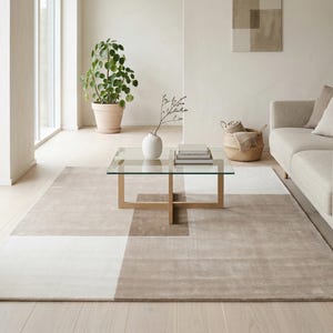 Pu&ograve; includere: Un soggiorno moderno con un tappeto beige con blocchi di colore geometrici, un tavolino con piano in vetro e un divano dai toni neutri. Una pianta in vaso e oggetti decorativi completano l'estetica minimalista.