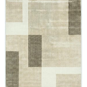 May include: Rectangular rug with a geometric pattern. The rug features vertical and horizontal lines in shades of beige, cream, and dark brown. The design includes rectangular blocks and stripes, creating a modern, abstract look. Suitable for living rooms and bedrooms.