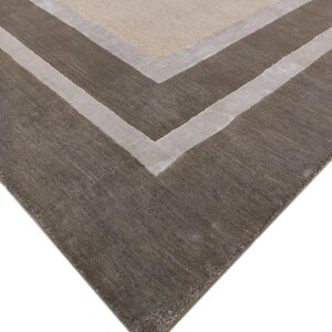 Multi Border Wool & Tencel Rug | Hand-Tufted Grey Beige Silver Area Rug | Modern Border Carpet | Cotton Backed Designer Rug image 3