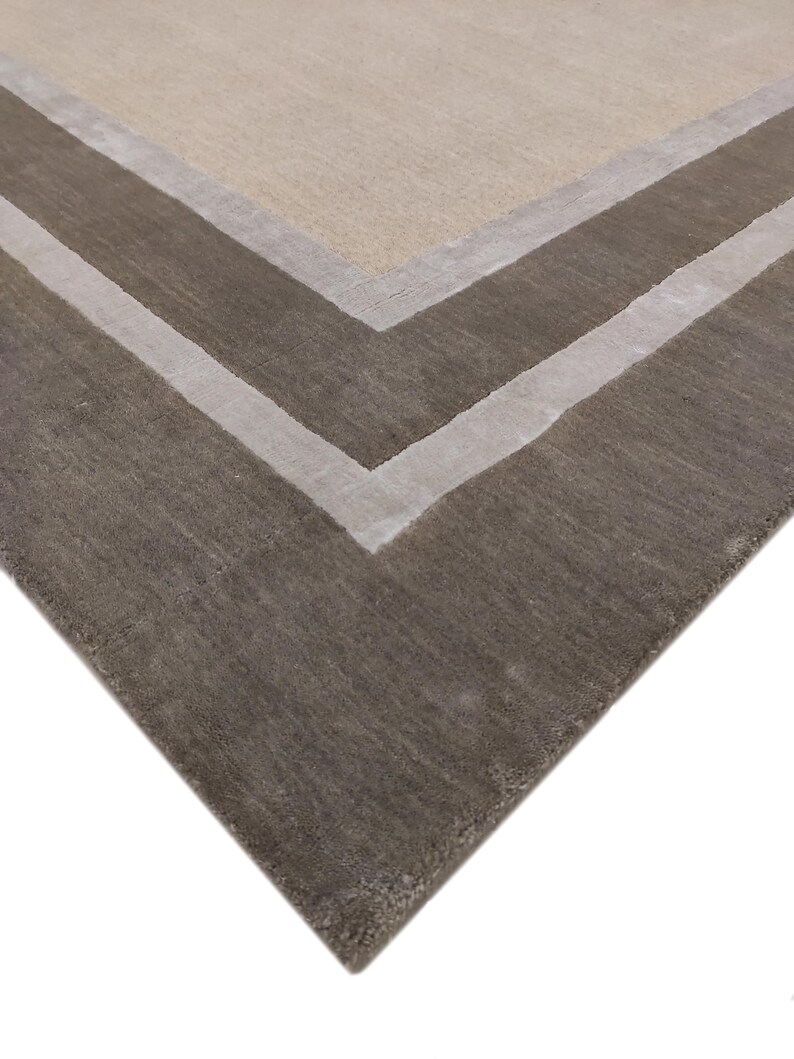 Multi Border Wool & Tencel Rug | Hand-Tufted Grey Beige Silver Area Rug | Modern Border Carpet | Cotton Backed Designer Rug image 3
