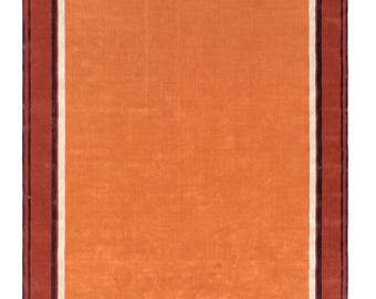 Multi Border Wool & Tencel Rug | Hand-Tufted Rust Orange Area Rug | Beige Maroon Border Carpet | Cotton Backed Designer Rug