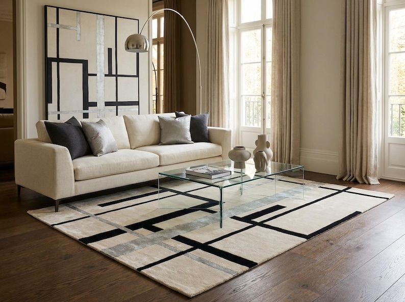 May include: A modern living room featuring a cream-colored sofa with decorative pillows, a glass coffee table, and a geometric rug with black and gray lines. A large abstract painting hangs on the wall, and a silver arc lamp provides lighting.