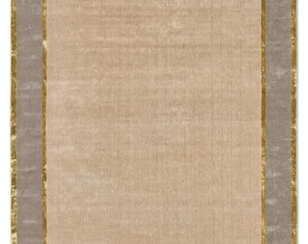 Multi Border Wool & Tencel Rug | Hand-Tufted Grey Beige Gold Area Rug | Modern Border Carpet | Cotton Backed Designer Rug