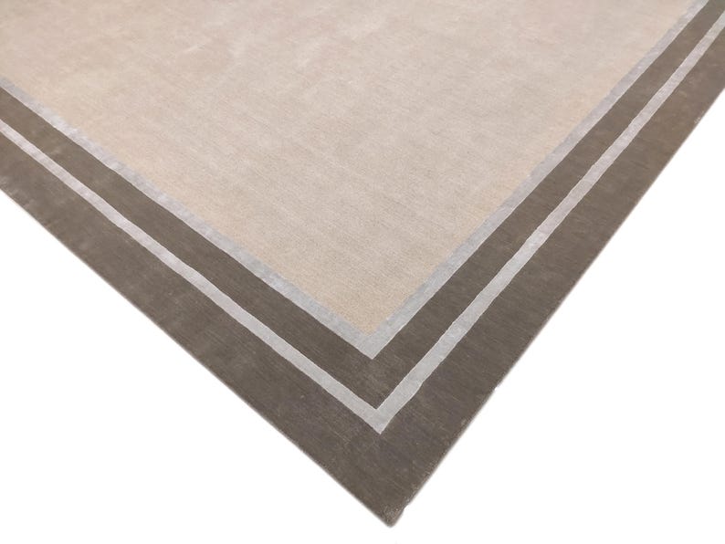 Multi Border Wool & Tencel Rug | Hand-Tufted Grey Beige Silver Area Rug | Modern Border Carpet | Cotton Backed Designer Rug image 2