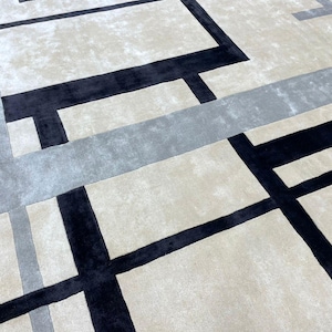 May include: A modern area rug with a geometric design. The rug features a neutral beige background with intersecting lines in black and gray. The lines create a grid-like pattern across the surface, adding a contemporary touch to any room.