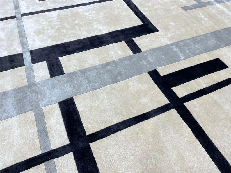 May include: A modern area rug with a geometric design. The rug features a neutral beige background with intersecting lines in black and gray. The lines create a grid-like pattern across the surface, adding a contemporary touch to any room.
