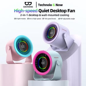 Puede incluir: Tres ventiladores de escritorio de colores pastel, rosa, azul claro y lavanda. Cada ventilador tiene una pantalla digital que muestra "100" y un anillo de luz colorido. Los ventiladores están etiquetados como "High-speed Quiet Desktop Fan" y "2-in-1 desktop & wall-mounted cooling".