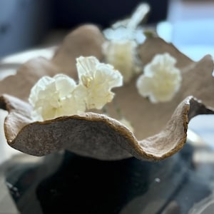 May include: A beige decorative bowl with an irregular, organic form, holding several white flowers. The bowl's rim has a textured, rough appearance. The bowl is likely made of paper or clay. The bowl's design suggests a natural, handcrafted aesthetic.