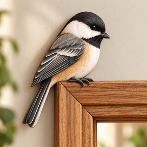 Könnte beinhalten: Eine dekorative Figur einer Schwarzkopfmeise, die auf der Ecke eines Holzrahmens sitzt. Der Vogel hat eine schwarze Kappe und Kehle, weiße Wangen, graue Flügel mit weißen Akzenten sowie eine hellbraune Brust mit dunkelgrauen Füßen und Schnabel.
