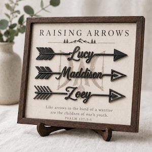 Benutzerdefinierte Hebepfeile Holzschild, personalisiertes Vatergeschenk mit dem Namen des Kindes, christlicher Vaterpfeil, Psalm 127 Schriftkunst, religiöses Geschenk