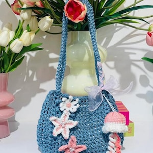 Tote Bag, Crochet Granny Square Bag, Handmade Shoulder Bag, Pink Flower Summer Beach Bag, Mother Day Gift, Easter Gift