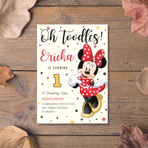 Modello di invito di Minnie Mouse, invito per festa di compleanno di Minnie Mouse rosso, invito per festa di compleanno a tema Minnie, biglietto di auguri di compleanno Oh Toodles