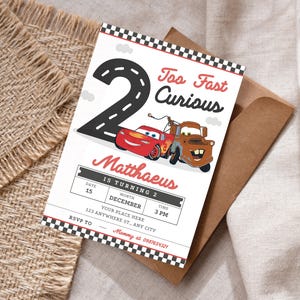 May include: A birthday invitation with the number 2, a road design, and cartoon cars. The invitation includes the name "Matthaeus", the date, month, time, and RSVP details. The text "Too Fast Curious" is also displayed.