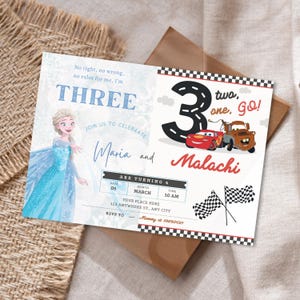 Lightning McQueen and Frozen Elsa 3rd Birthday Invitation Twins Party Invite Dual Celebration Card