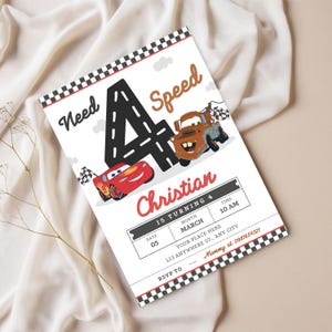 May include: A white birthday invitation featuring the text "Need Speed" and the number "4" in black. The invitation includes illustrations of the Cars movie characters Lightning McQueen and Mater. The name "Christian" is written in red.