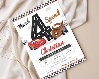 May include: A white birthday invitation featuring the text "Need Speed" and the number "4" in black. The invitation includes illustrations of the Cars movie characters Lightning McQueen and Mater. The name "Christian" is written in red.