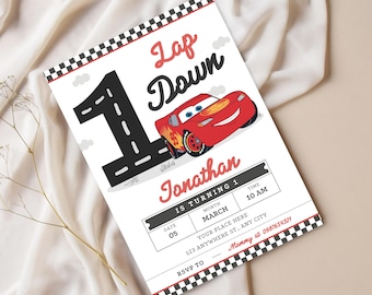 Invitación de cumpleaños "One Lap Down": Tema de Cars de Rayo McQueen para primer cumpleaños (Descarga digital)