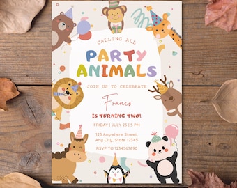 Calling All Party Animals Birthday Invitation Editable Jungle Safari Wild Animal Theme Invite