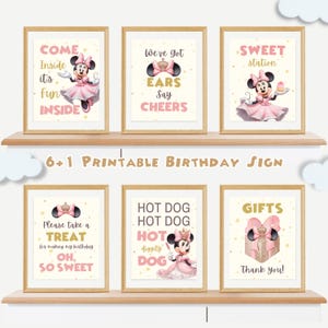 Printable Minnie Mouse Birthday Party Table Signs: Pink & Gold Decor (Canva Template)