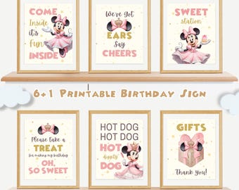 Cartelli da tavolo stampabili per la festa di compleanno di Minnie: decorazioni rosa e oro (modello Canva)