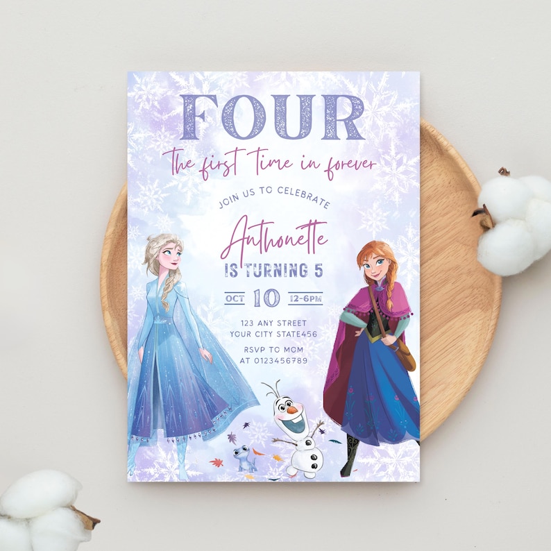 Inbjudan till Frosts fjärde födelsedag: Redigerbar inbjudan till Elsa och hennes fjärde födelsedagsfest (digital nedladdningsbar Canva-mall) bild 2