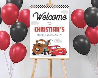 Letrero de bienvenida editable con temática de Rayo McQueen para cumpleaños (descarga digital)