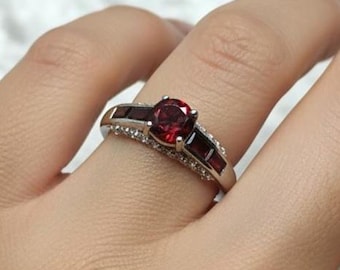 Garnet Ring: 925 Sterling Silver Band, Romantic Jewelry Gift, Date Nights Or Celebrations Ring.