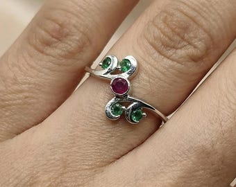 Natural Ruby Emerald Ring, 925 Silver Ring, Emerald Accents, Art Deco Jewelry, July Birthstone, Christmas Theme Gift, Wedding Proposal Ring.