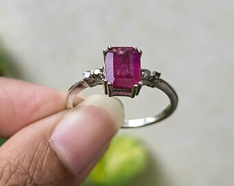 Bague unisexe en argent rubis taille émeraude : argent sterling 925, pierre précieuse rouge vif, bijoux de tous les jours