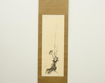 Japanese Hanging Scroll Plum Blossom & Bird Kakejiku Vintage Ink Painting Flower Bird Scroll Tokonoma Wall Art Early Spring Decor