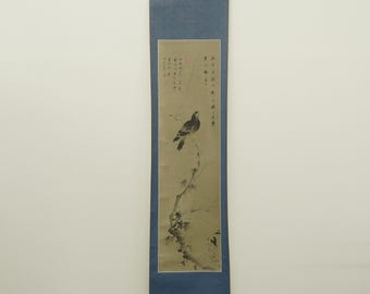 Vintage Japanese Hanging Scroll – Bird and Flower Ink Painting (Kachōga) – Traditional Sumi-e Art – Kakejiku Wall Decor