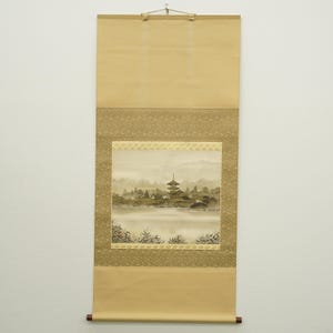 Japanese Hanging Scroll Temple Landscape Painting, Gold Accent