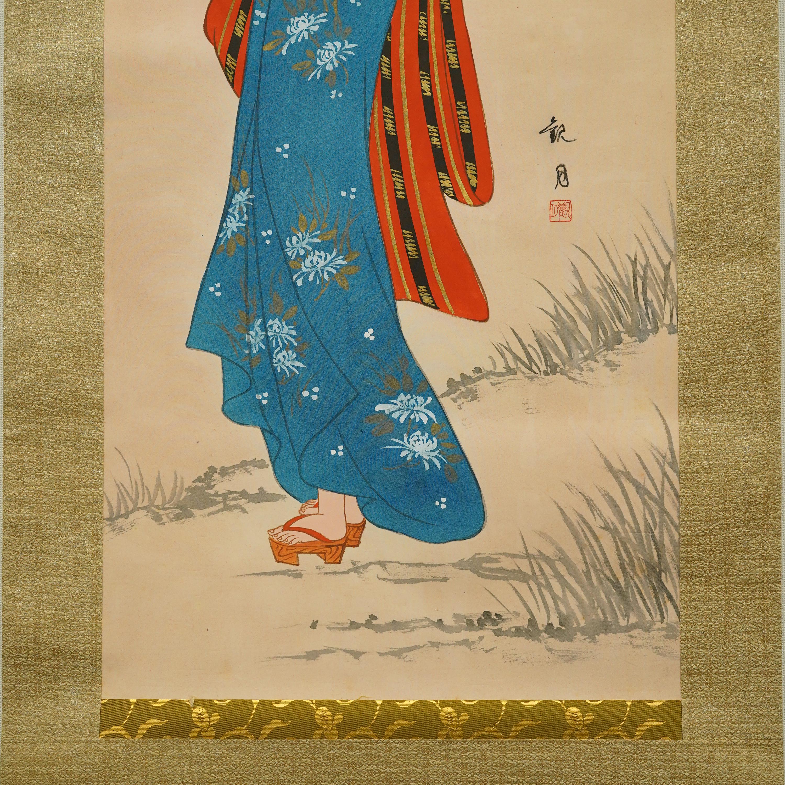 Vintage Japanese Bijin-ga Scroll - Beautiful Woman in Kimono